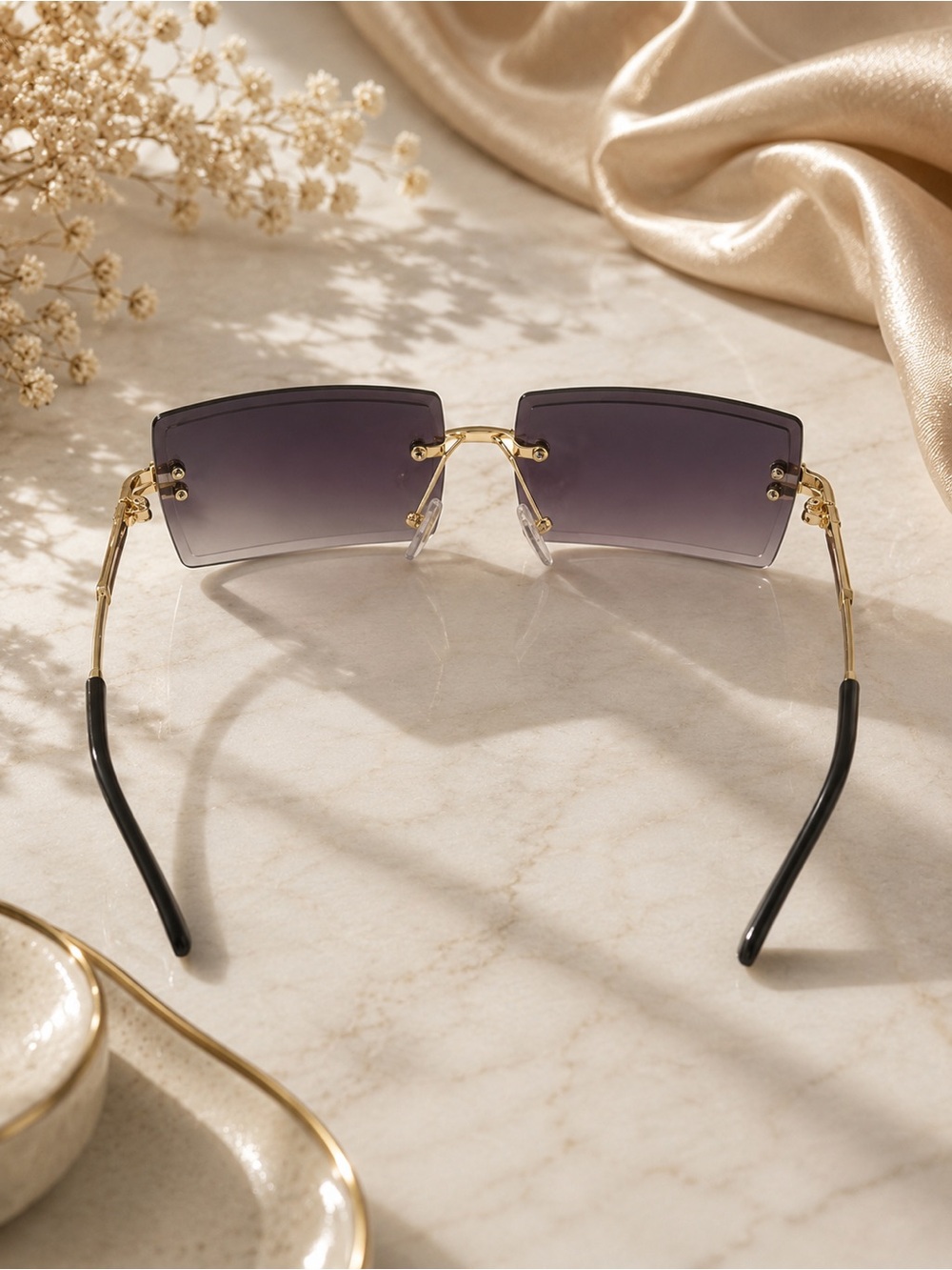 Rimless Gold-Arm Sunglasses with Gradient Purple Lenses